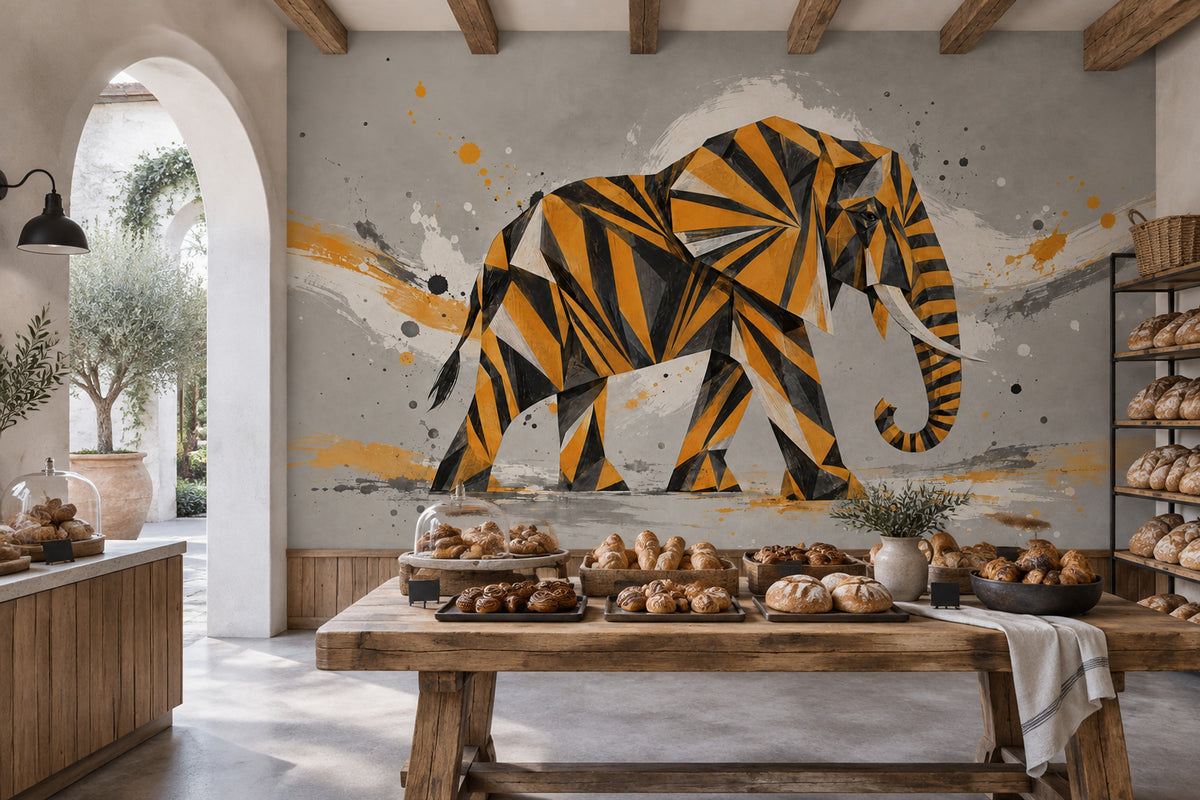 Geometrik Fil Poster Duvar Kağıdı Siyah Turuncu Modern