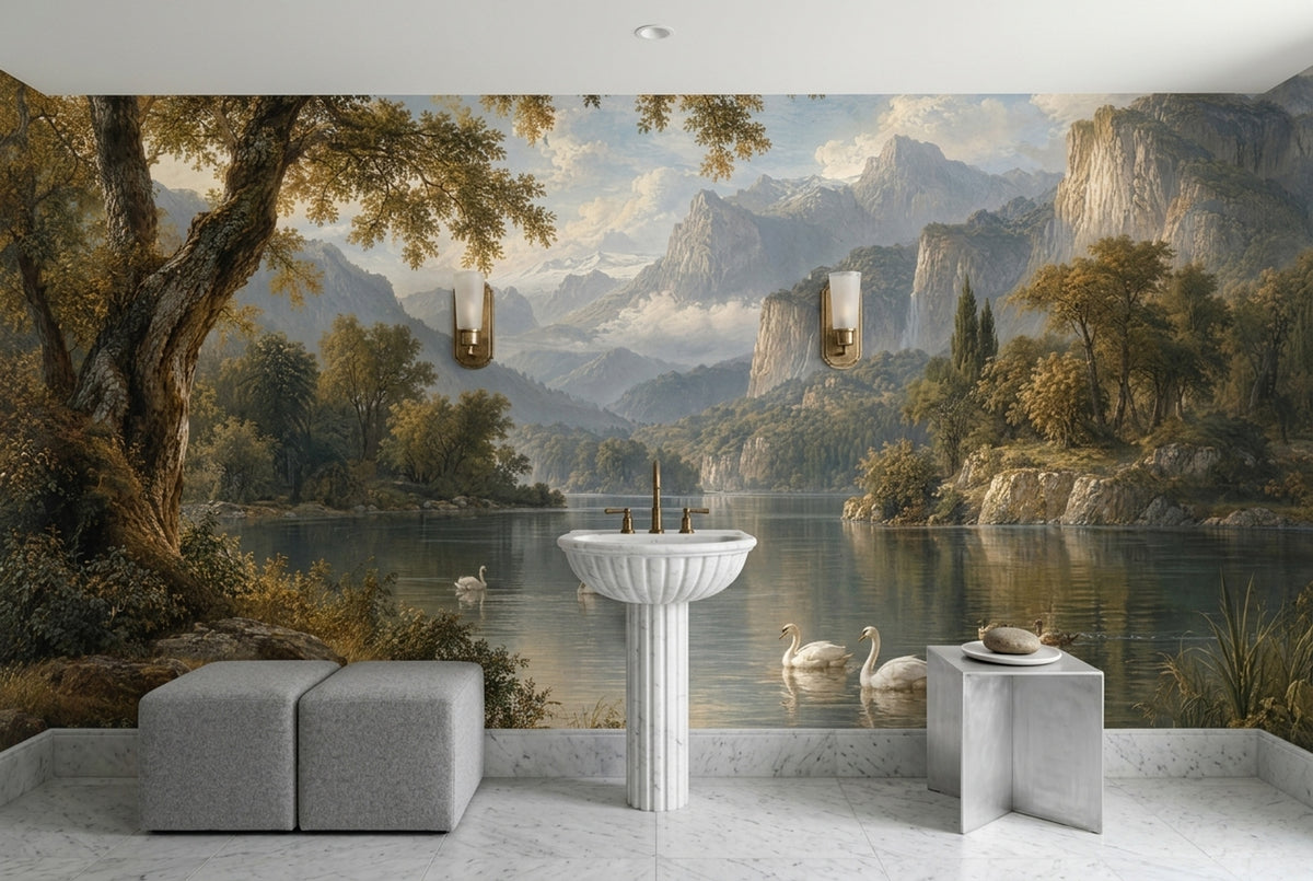 Göl ve Dağ Manzaralı Poster Duvar Kağıdı Yeşil Salon