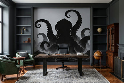 Ahtapot Silüetli Poster Duvar Kağıdı Siyah Gri Salon