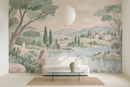 Göl Manzaralı Poster Duvar Kağıdı Pastel Yeşil Salon Dekoru