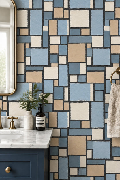 Geometrik Kareli Duvar Kağıdı Mavi Bej Modern Banyo