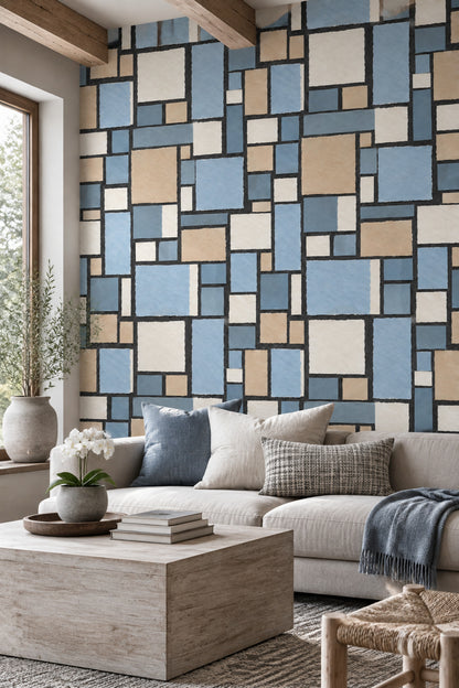 Geometrik Kareli Duvar Kağıdı Mavi Bej Modern Banyo