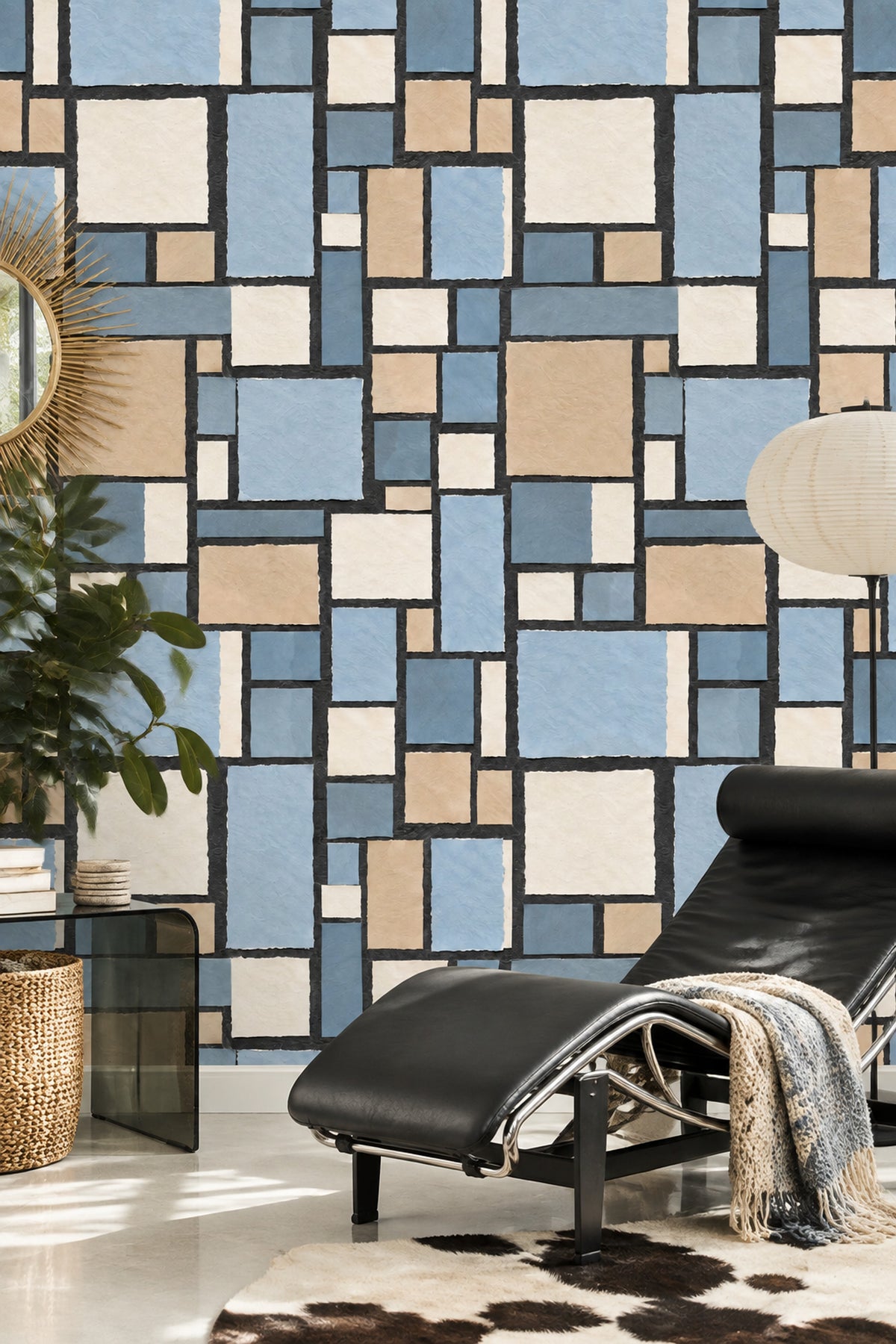 Geometrik Kareli Duvar Kağıdı Mavi Bej Modern Banyo