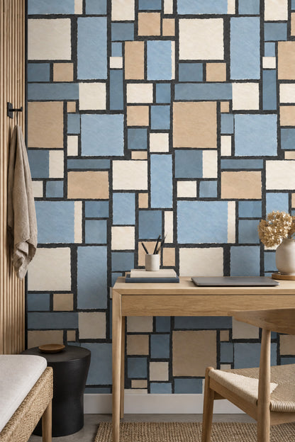 Geometrik Kareli Duvar Kağıdı Mavi Bej Modern Banyo
