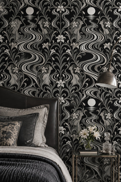 Art Deco Kadın Figürlü Duvar Kağıdı Siyah Beyaz Salon