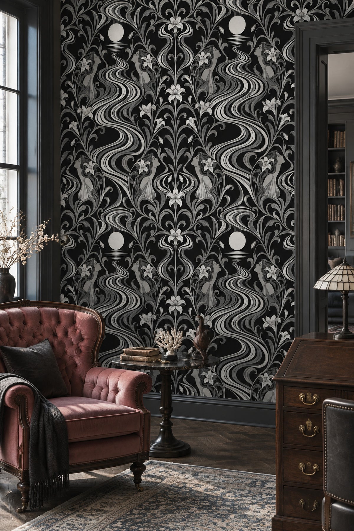 Art Deco Kadın Figürlü Duvar Kağıdı Siyah Beyaz Salon