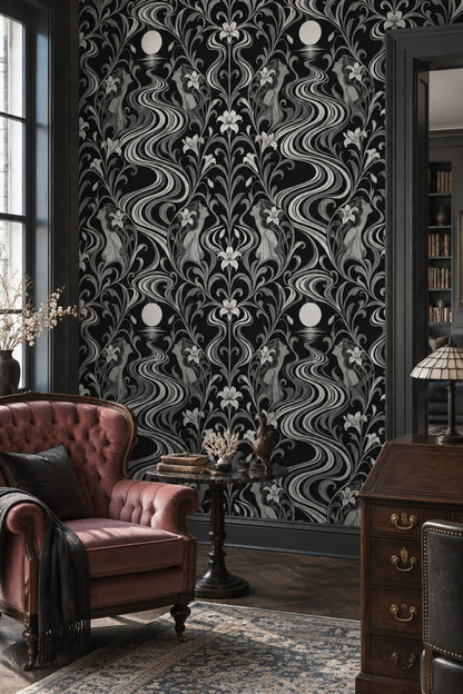 Art Deco Kadın Figürlü Duvar Kağıdı Siyah Beyaz Salon