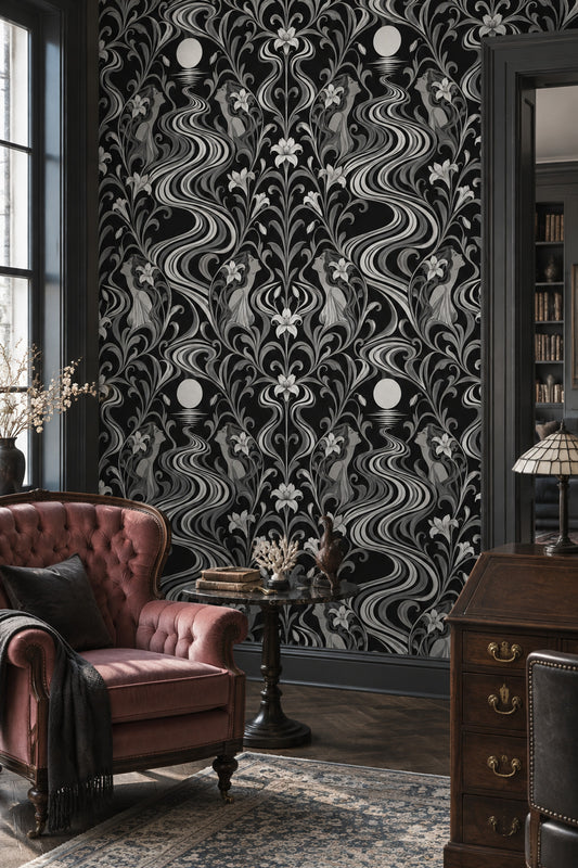 Art Deco Kadın Figürlü Duvar Kağıdı Siyah Beyaz Salon