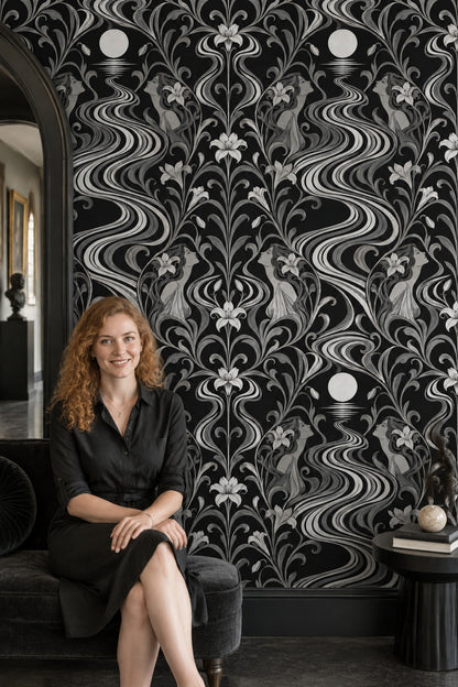 Art Deco Kadın Figürlü Duvar Kağıdı Siyah Beyaz Salon