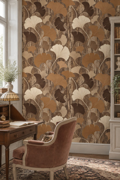 Ginkgo Yaprak Desenli Duvar Kağıdı Kahverengi Salon Dekoru
