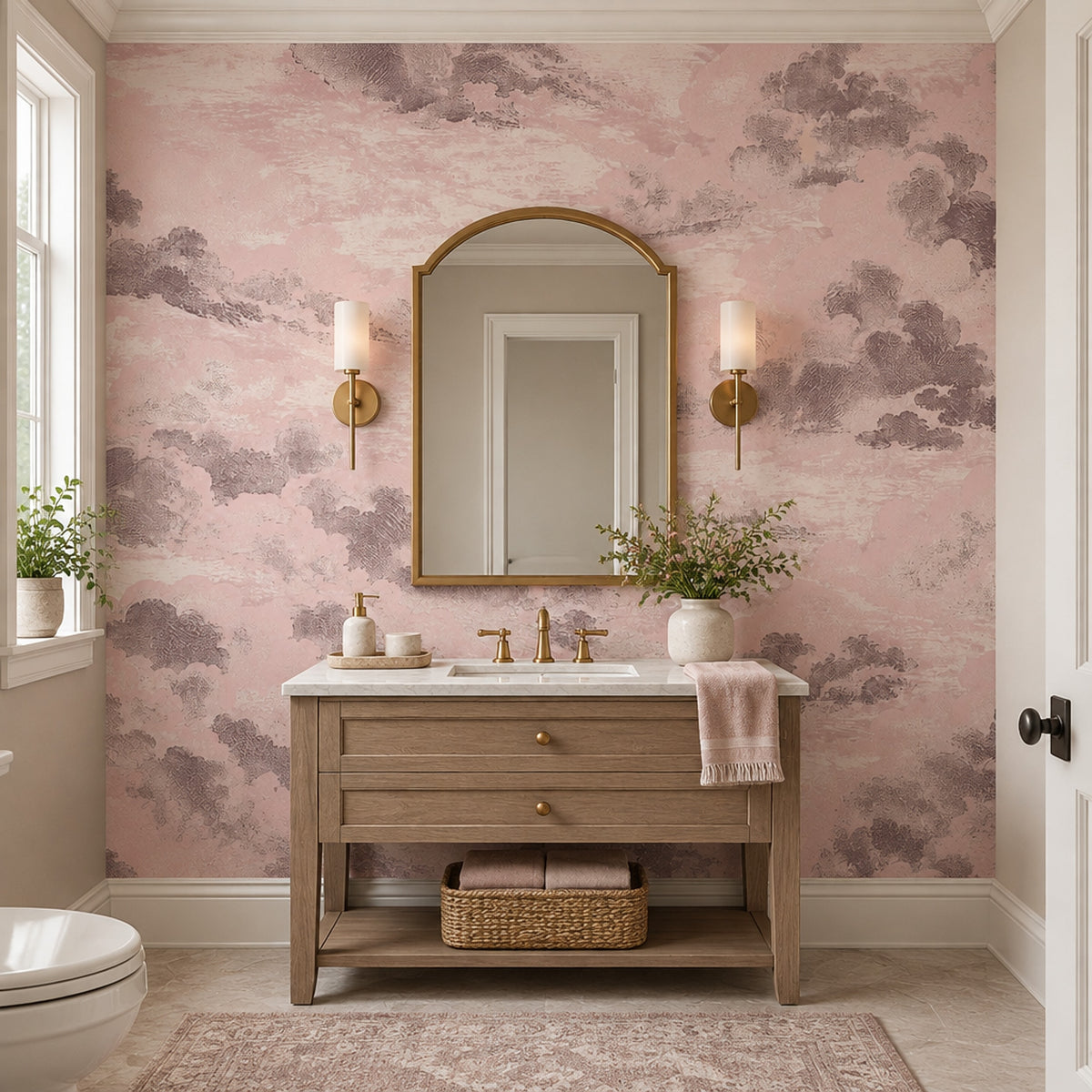 Pudra Pembe Bulut Desenli Poster Duvar Kağıdı Modern Banyo
