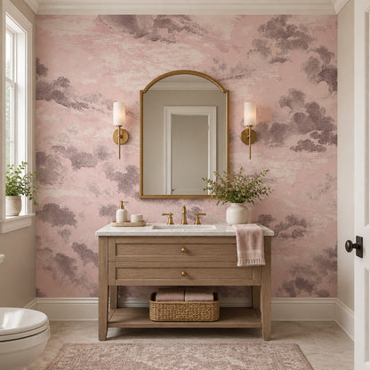 Pudra Pembe Bulut Desenli Poster Duvar Kağıdı Modern Banyo