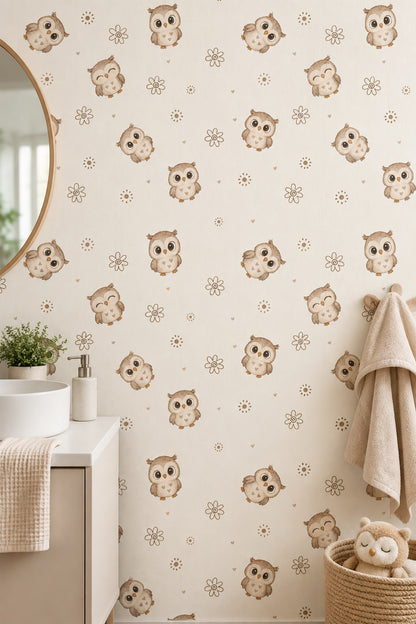 Minik Baykuş Desenli Duvar Kağıdı Krem Bebek Odası