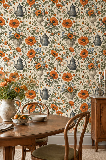Turuncu Çiçekli Duvar Kağıdı Vintage Mutfak Temalı Desen