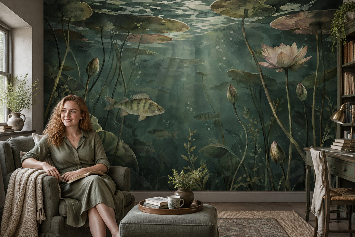 Nilüferli Su Altı Manzarası Poster Duvar Kağıdı Yeşil Salon