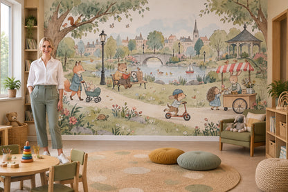 Hayvanlı Park Manzarası Poster Duvar Kağıdı Pastel Çocuk Odası