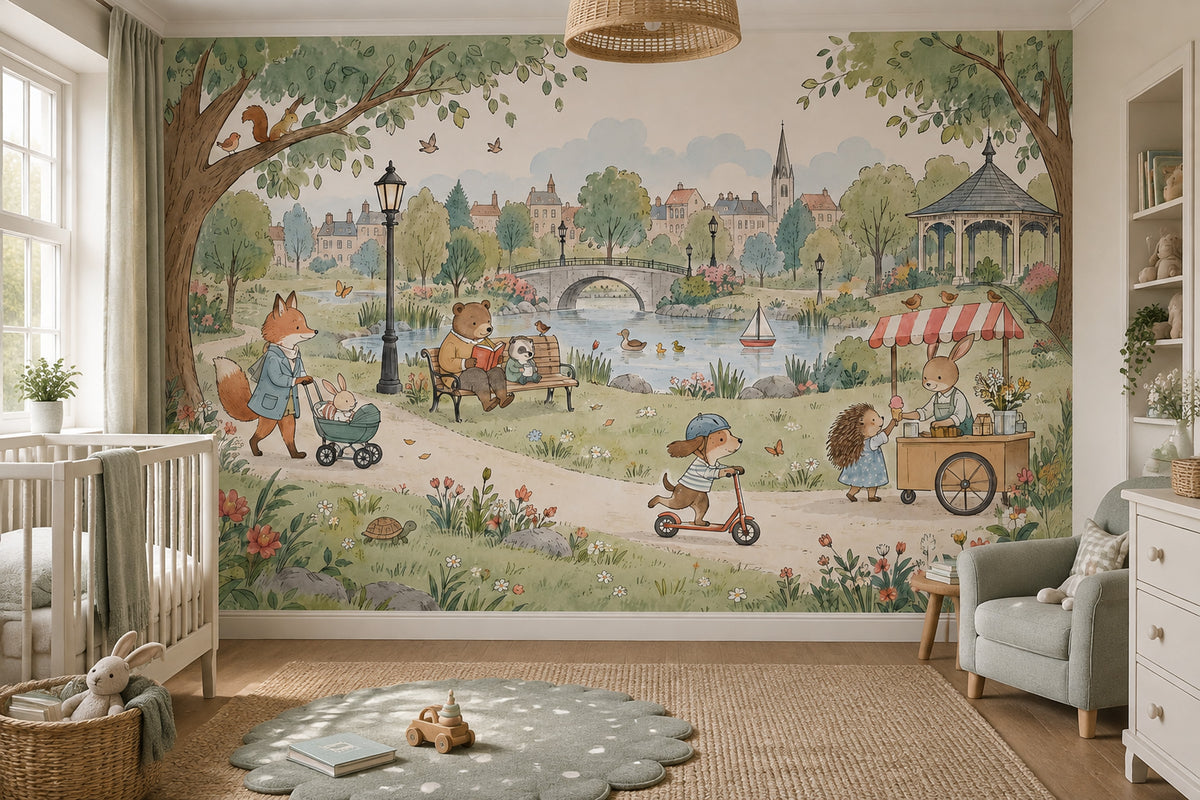 Hayvanlı Park Manzarası Poster Duvar Kağıdı Pastel Çocuk Odası