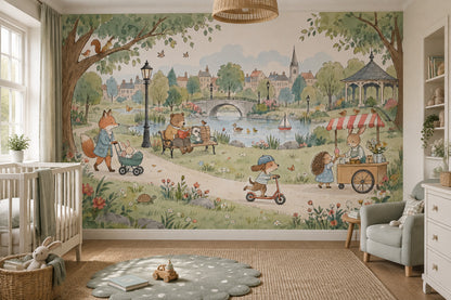Hayvanlı Park Manzarası Poster Duvar Kağıdı Pastel Çocuk Odası