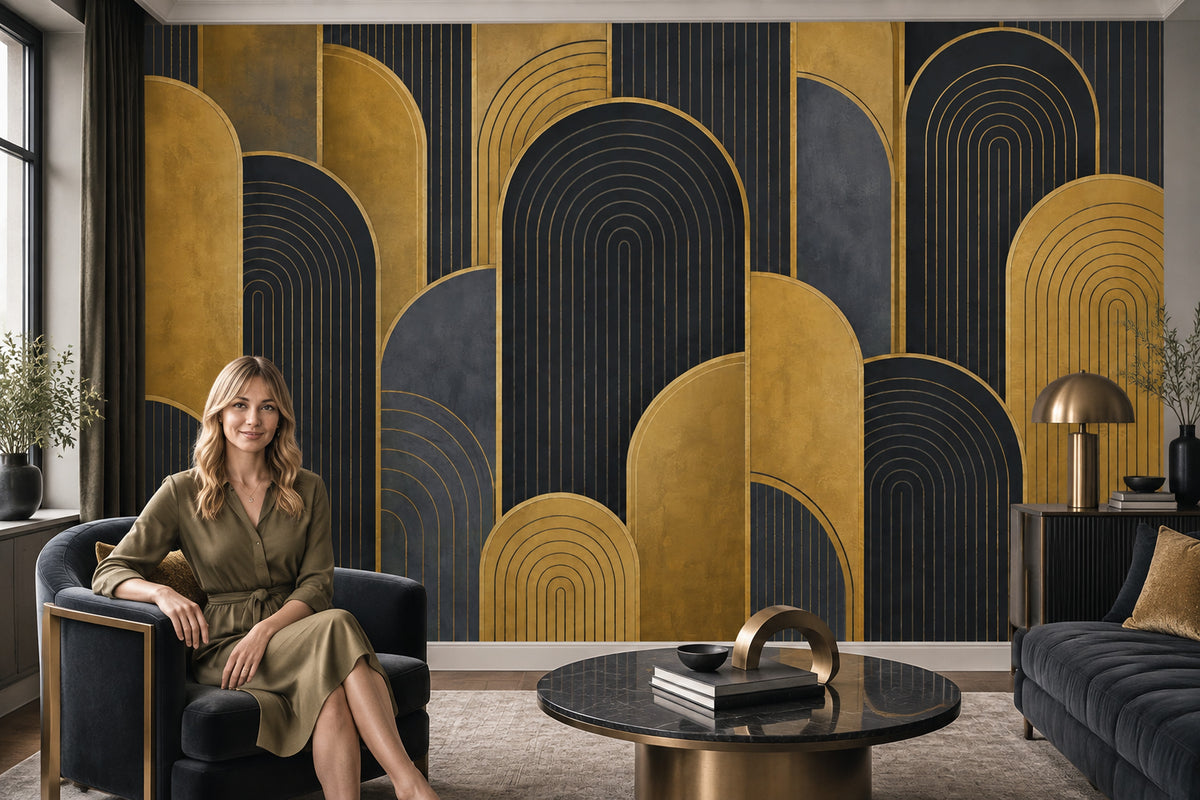 Art Deco Kemer Desenli Poster Duvar Kağıdı Siyah Altın Salon