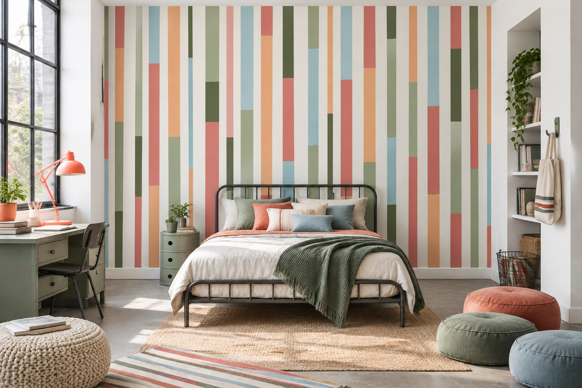 Renkli Dikey Şeritli Poster Duvar Kağıdı Modern Salon