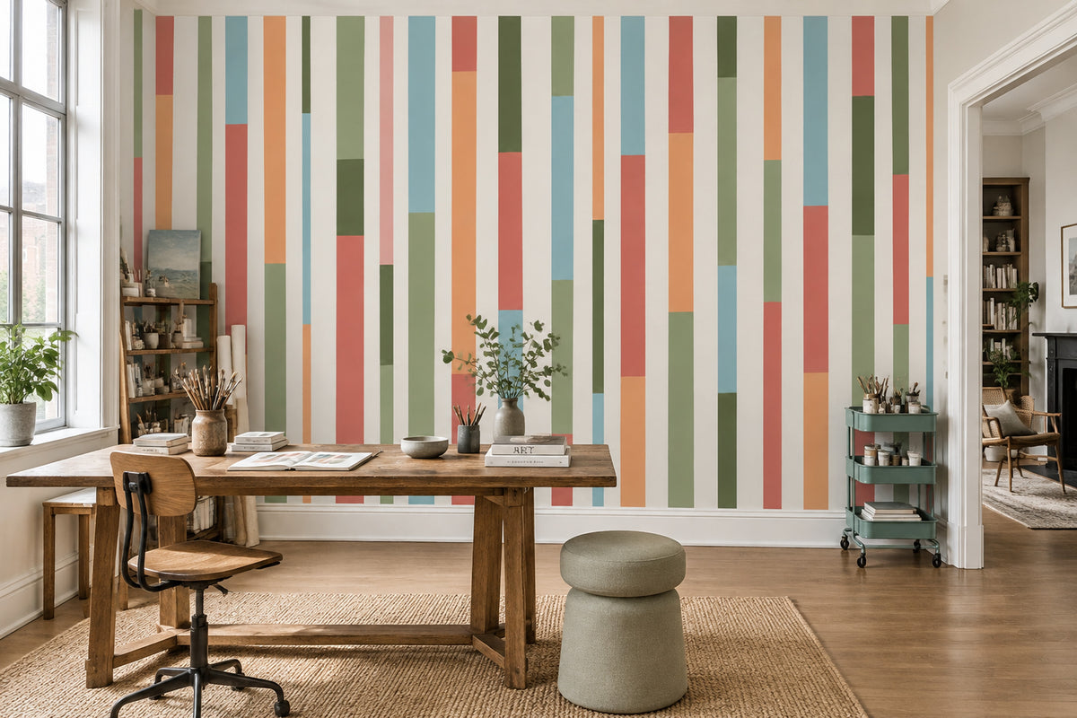 Renkli Dikey Şeritli Poster Duvar Kağıdı Modern Salon