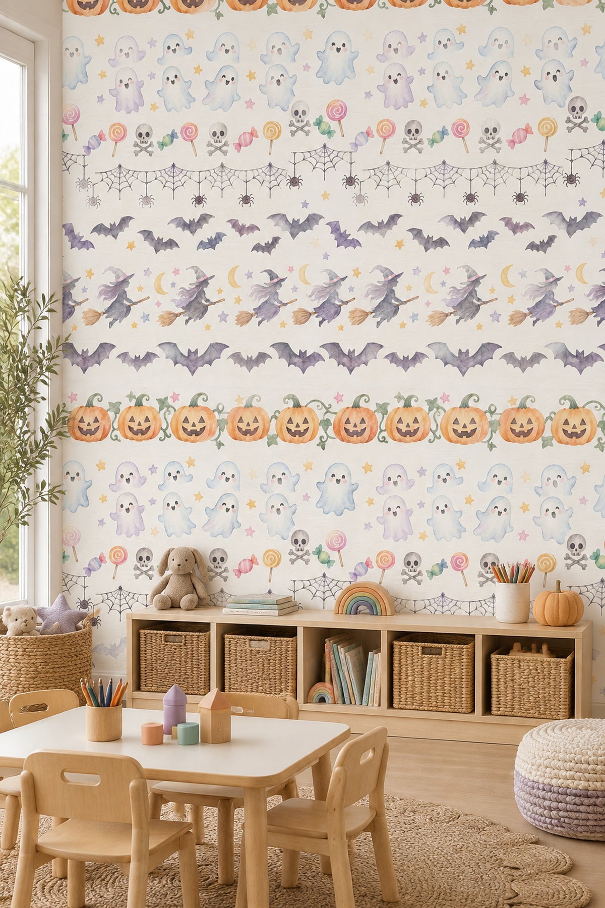 Cadılar Bayramı Desenli Duvar Kağıdı Pastel Çocuk Odası