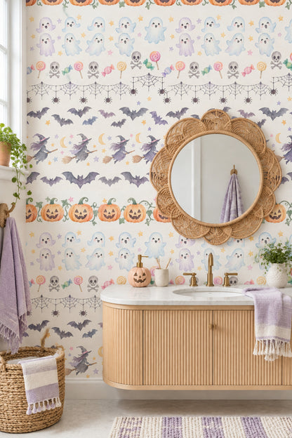 Cadılar Bayramı Desenli Duvar Kağıdı Pastel Çocuk Odası