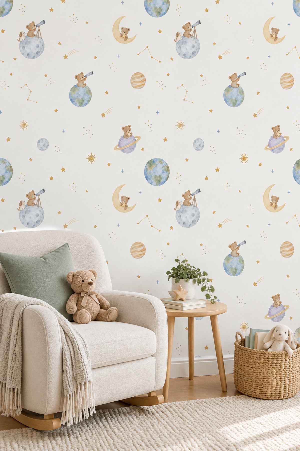 Uzay Temalı Ayıcıklı Duvar Kağıdı Çocuk Odası Desenli