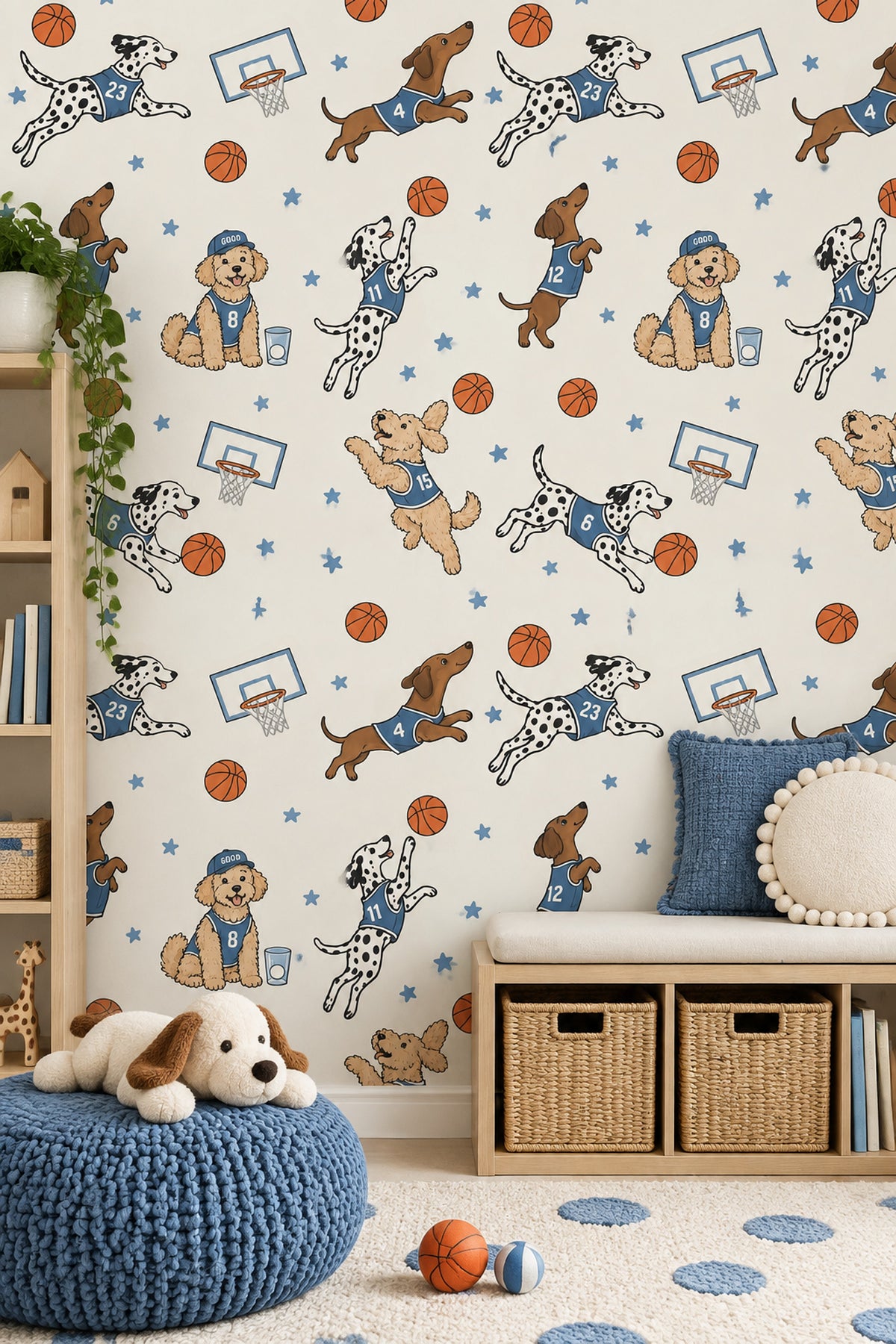 Basketbol Oynayan Köpekli Duvar Kağıdı Mavi Çocuk Odası