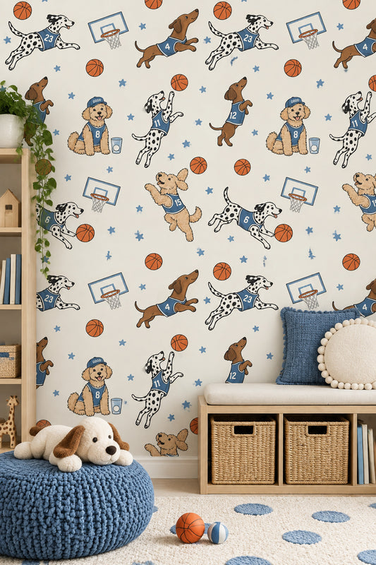 Basketbol Oynayan Köpekli Duvar Kağıdı Mavi Çocuk Odası