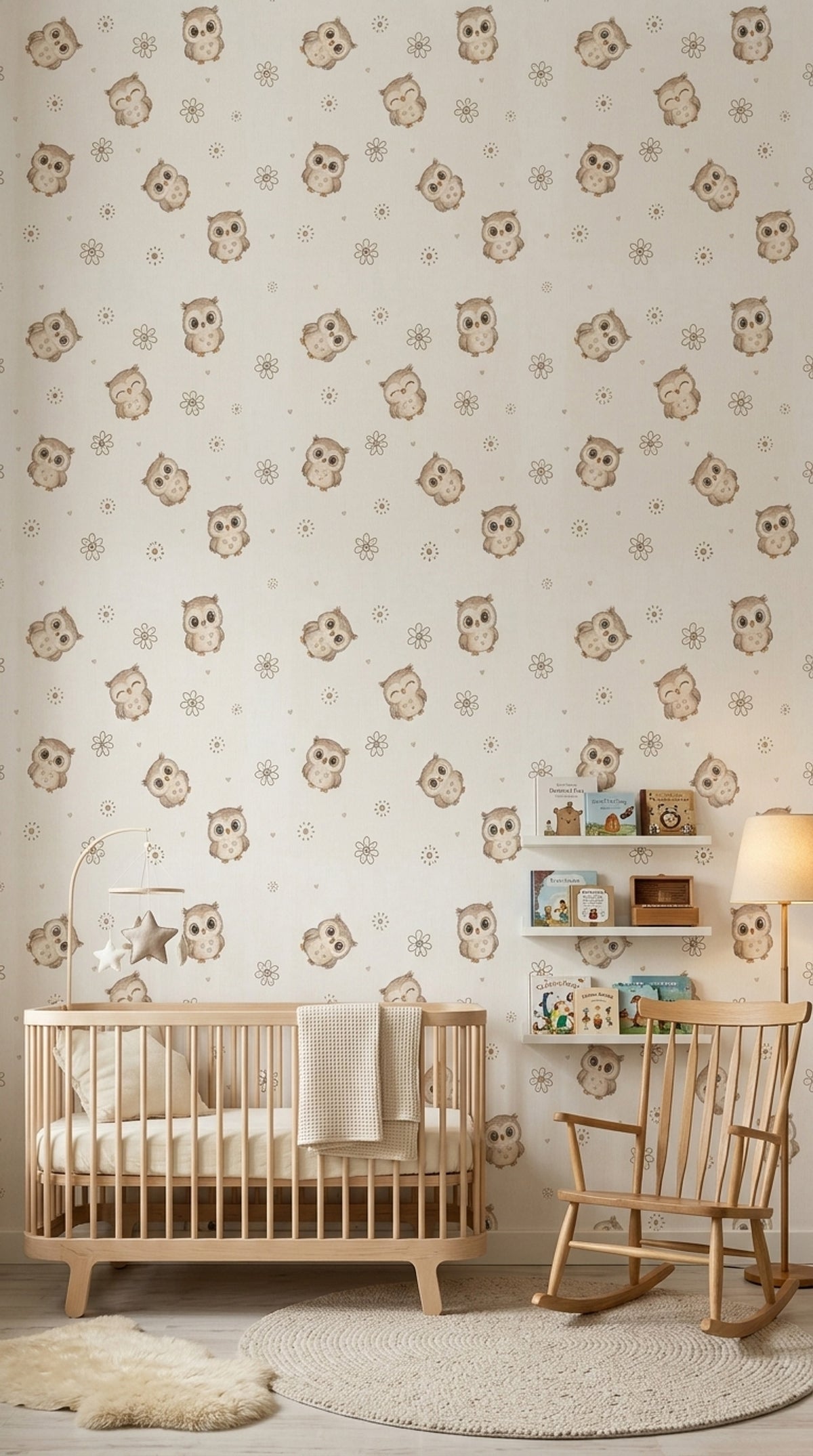Minik Baykuş Desenli Duvar Kağıdı Krem Bebek Odası
