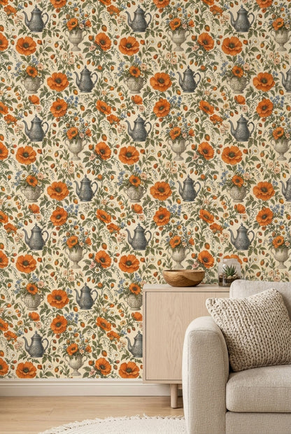 Turuncu Çiçekli Duvar Kağıdı Vintage Mutfak Temalı Desen