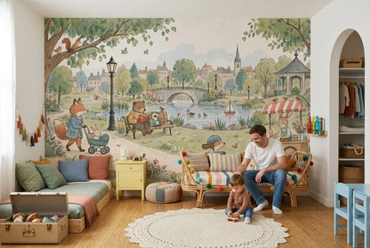 Hayvanlı Park Manzarası Poster Duvar Kağıdı Pastel Çocuk Odası