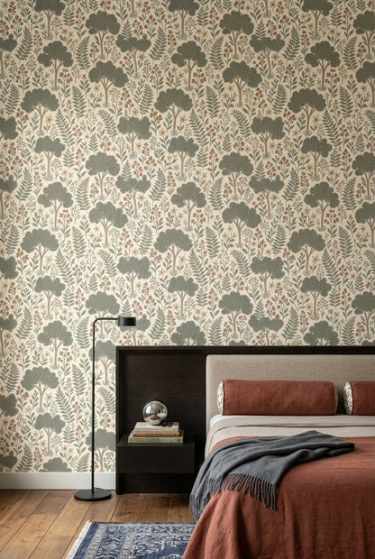 Ağaç ve Çiçek Desenli Duvar Kağıdı Yeşil Bej Salon