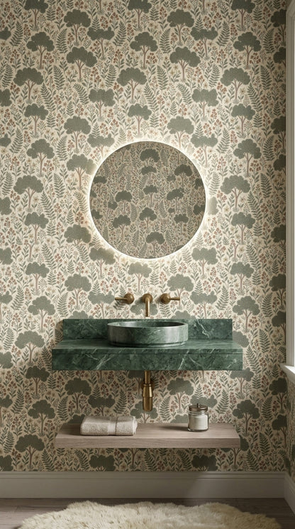 Ağaç ve Çiçek Desenli Duvar Kağıdı Yeşil Bej Salon