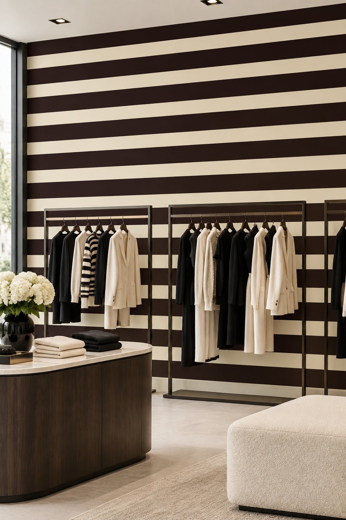 Kahverengi Krem Çizgili Duvar Kağıdı Modern Salon Dekoru