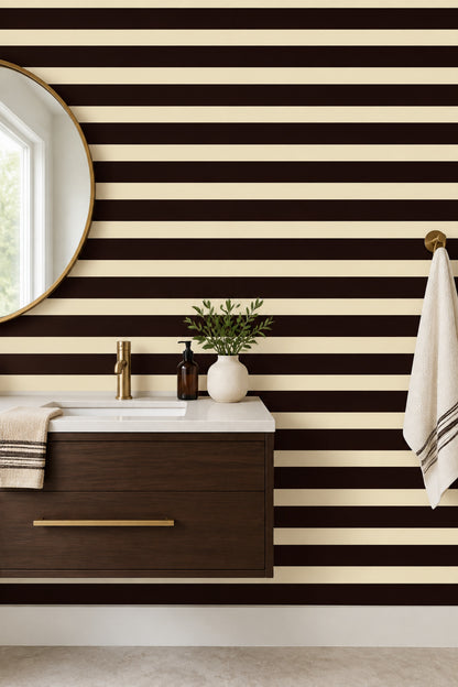 Kahverengi Krem Çizgili Duvar Kağıdı Modern Salon Dekoru