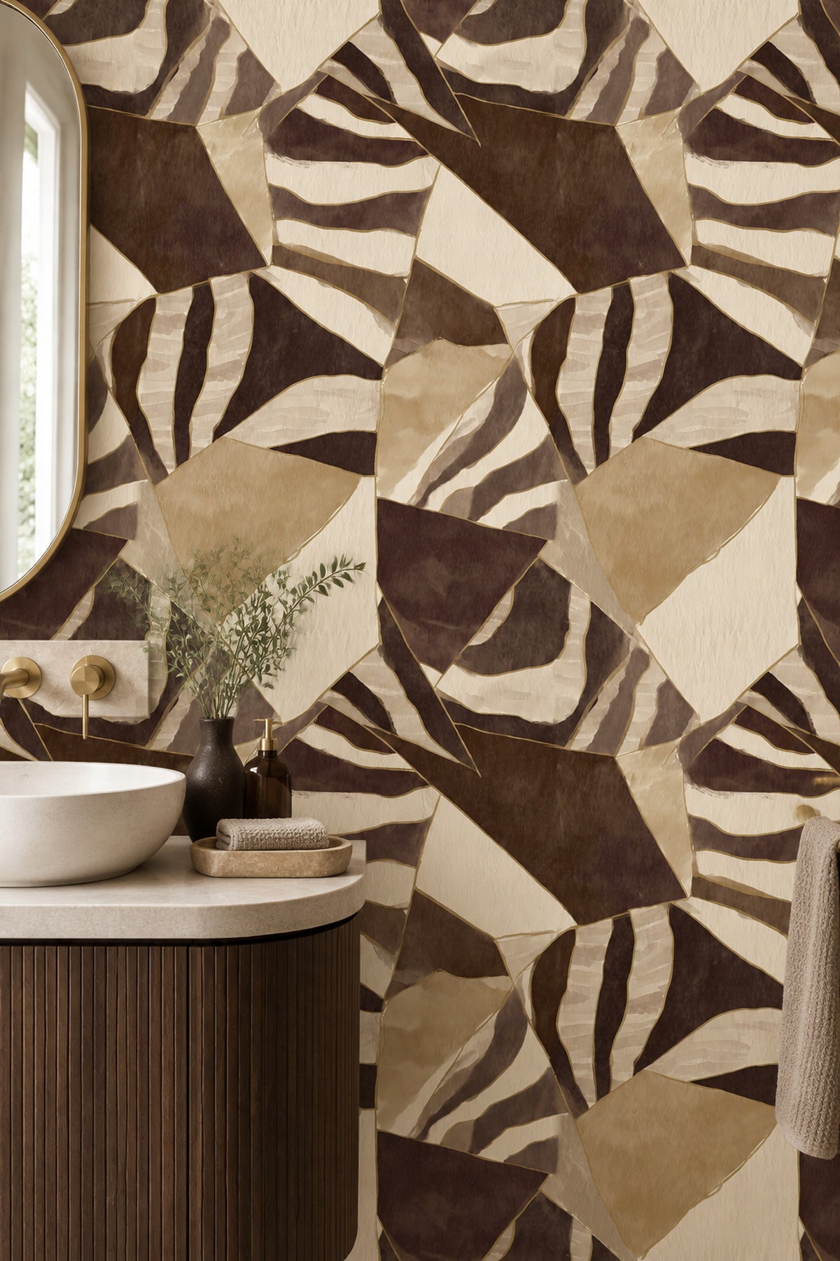 Soyut Geometrik Duvar Kağıdı Kahverengi Bej Desenli Banyo