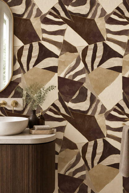 Soyut Geometrik Duvar Kağıdı Kahverengi Bej Desenli Banyo