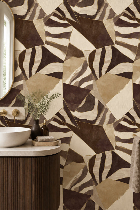 Soyut Geometrik Duvar Kağıdı Kahverengi Bej Desenli Banyo