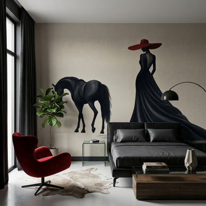Atlı Kadın Silüetli Poster Duvar Kağıdı Siyah Kırmızı Salon