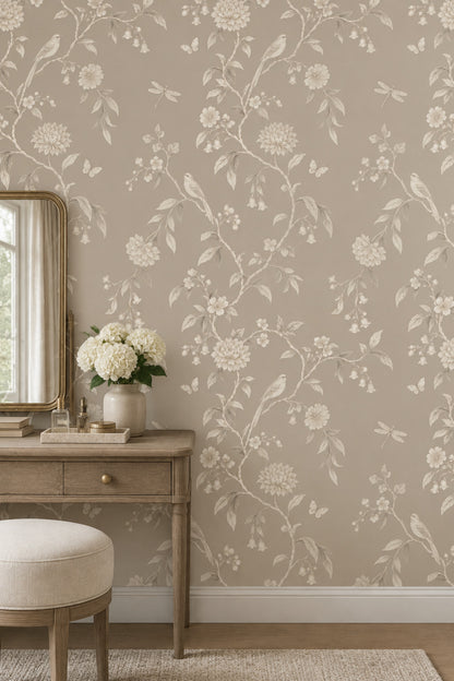 Kuşlu Çiçekli Duvar Kağıdı Bej Krem Klasik Desen