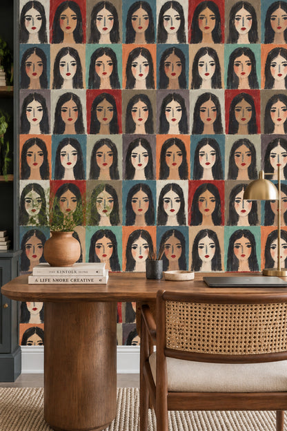 Pop Art Portre Desenli Duvar Kağıdı Renkli Modern Salon