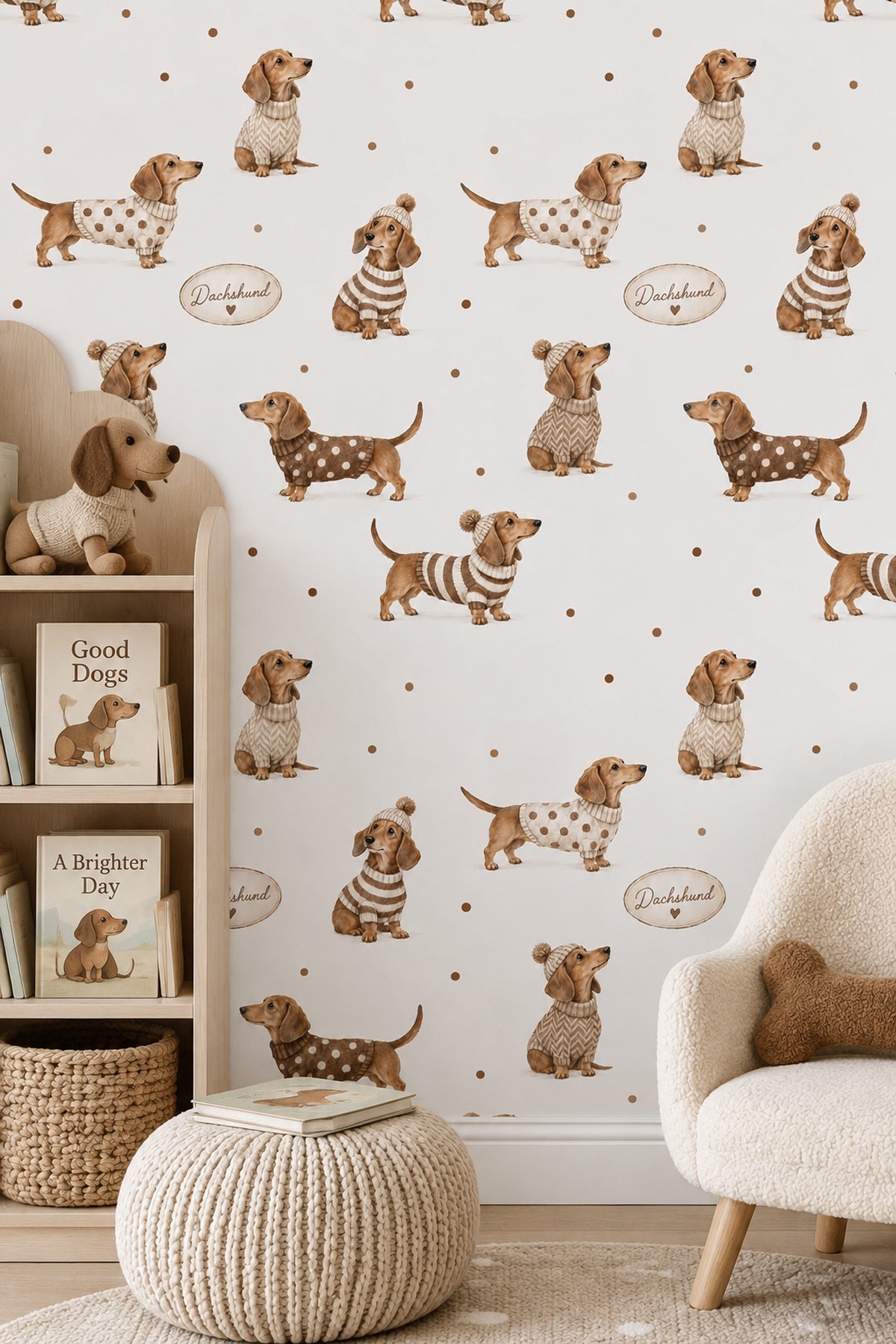 Sevimli Sosis Köpekli Duvar Kağıdı Bej Kahverengi Çocuk Odası