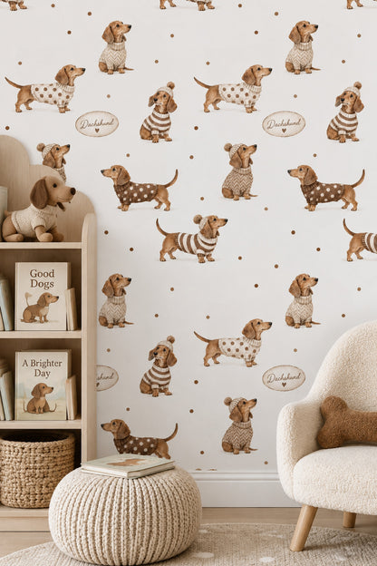 Sevimli Sosis Köpekli Duvar Kağıdı Bej Kahverengi Çocuk Odası