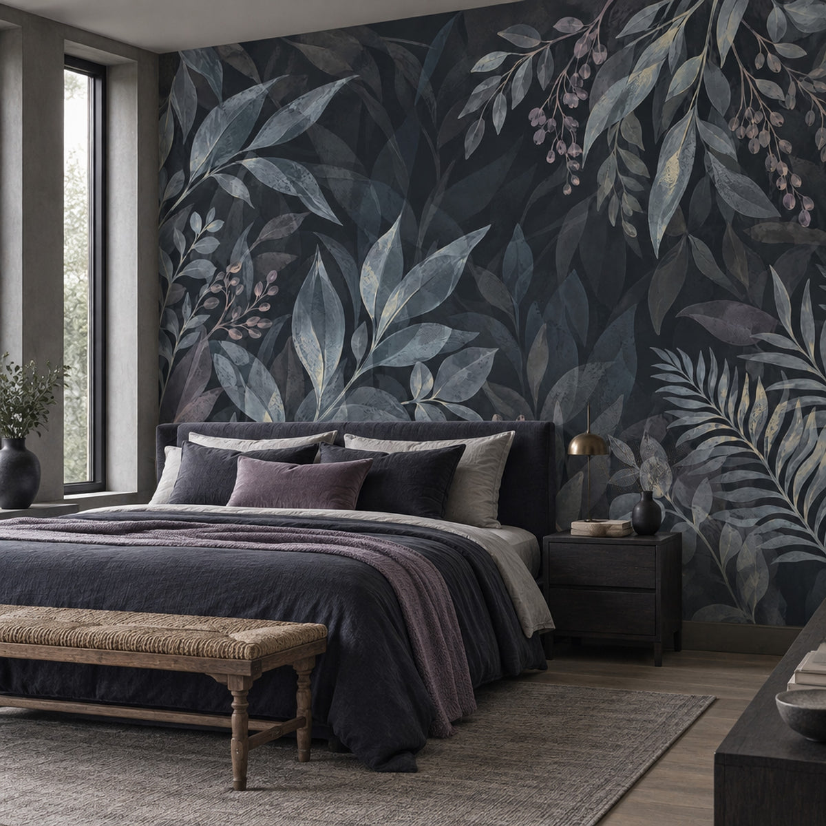 Koyu Yaprak Desenli Poster Duvar Kağıdı Modern Salon Dekoru