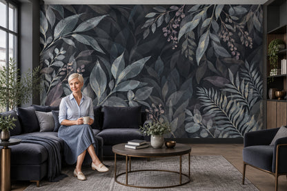Koyu Yaprak Desenli Poster Duvar Kağıdı Modern Salon Dekoru