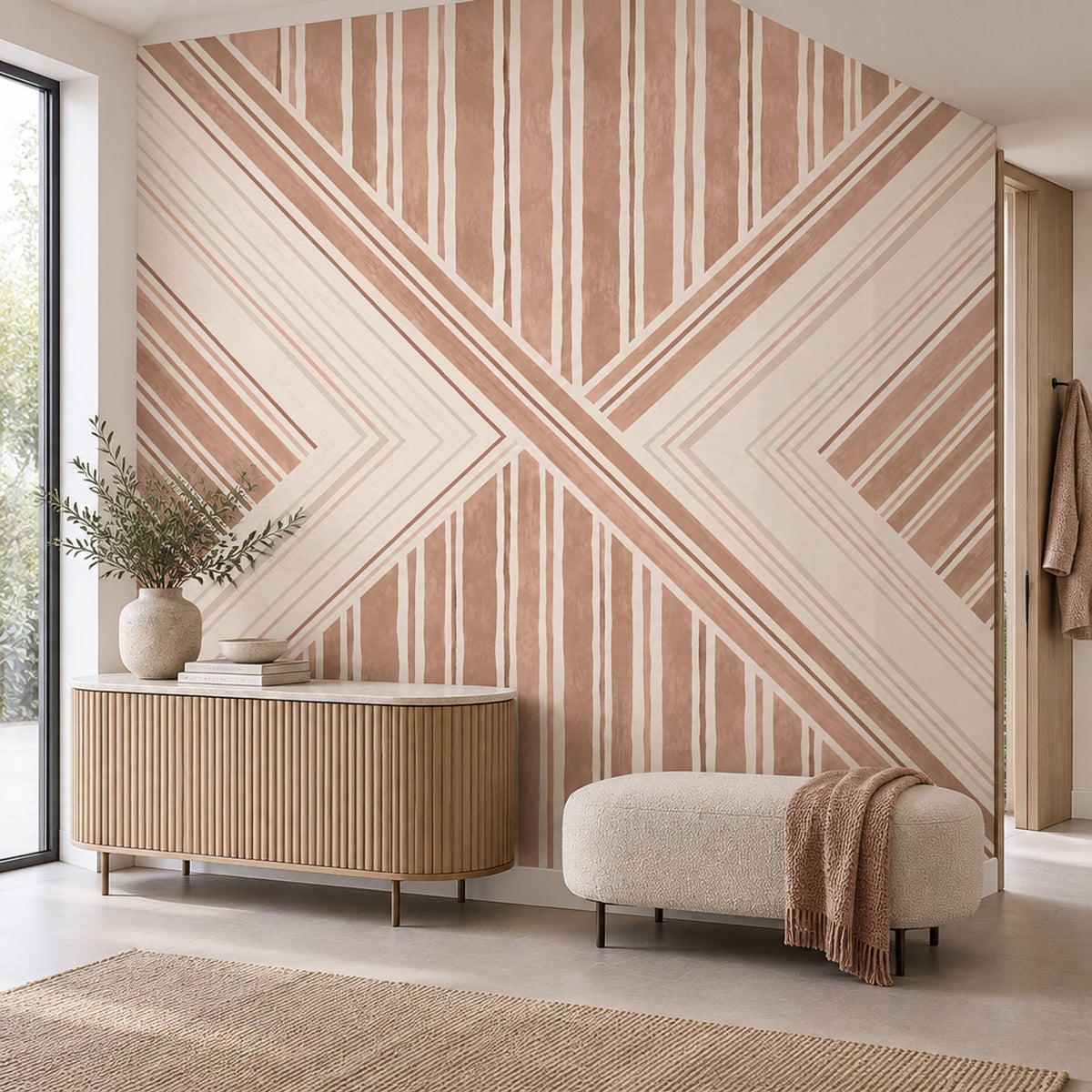 Geometrik Çizgili Poster Duvar Kağıdı Bej Terakota Banyo
