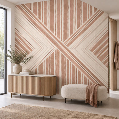 Geometrik Çizgili Poster Duvar Kağıdı Bej Terakota Banyo