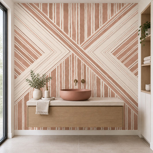 Geometrik Çizgili Poster Duvar Kağıdı Bej Terakota Banyo
